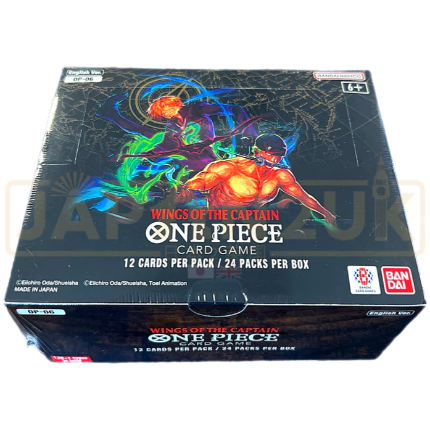 IMG_2065 ONE PIECE Wings of the Captain OP-06 – English Booster Box Soar to new heights with the ONE PIECE Card Game: OP-06 Wings of the Captain English Booster Box. This expansion highlights trusted allies, powerful right-hand fighters, and key characters who stand alongside the captains of the seas, including iconic characters such as Zoro and Sanji. With new strategies, powerful Leader Cards, and exciting parallel and alternate-art cards, OP-06 Wings of the Captain is a great choice for both players and collectors.ONE PIECE WINGS OF THE CAPTAIN Product Specifications Product: ONE PIECE Card Game OP-06 Wings of the Captain Product Type: English One Piece Card Game Booster Box Set Code: OP-06 Language: English Contents: 24 Booster Packs per Box Cards per Pack: 12 Cards Condition: Sealed Recommended Age: 6+ years Product Highlights Official English release of OP-06 Wings of the Captain Features characters including Zoro, Sanji, and other powerful allies Introduces new Leader Cards and gameplay strategies Includes Commons, Uncommons, Rares, Super Rares, Secret Rares, and Parallel/Alt-Art cards Features characters from major One Piece story arcs Compatible with other ONE PIECE Card Game products Suitable for collectors, players, and One Piece TCG enthusiasts Sealed Booster Box Disclaimer This listing is for a sealed ONE PIECE Card Game OP-06 Wings of the Captain English Booster Box. Booster pack contents are randomly assorted, and specific cards, rarities, or pulls are not guaranteed. Once the sealed box is opened, it is no longer considered sealed and cannot be returned based on the cards received. Shop ONE PIECE OP-06 Wings of the Captain Online Shop ONE PIECE Wings of the Captain OP-06 English Booster Box online and expand your One Piece Card Game collection. After placing your order, please send us a message on WhatsApp to confirm your order and shipping details. WhatsApp: +1 747 322 0927 / +44 7457 425545