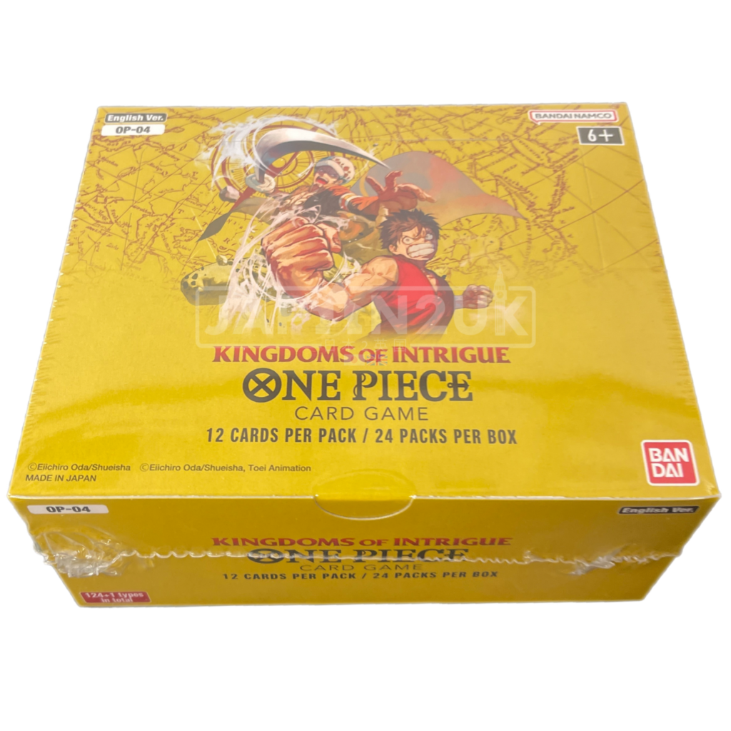ONE PIECE Kingdoms of Intrigue OP-04 – English Booster Box Discover the ONE PIECE Card Game: OP-04 Kingdoms of Intrigue English Booster Box, an exciting expansion featuring characters, events, and themes from the legendary Alabasta and Dressrosa story arcs. With iconic characters such as Crocodile, Vivi, Doflamingo, and Luffy, OP-04 brings new strategies, powerful Leaders, and collectible cards to the One Piece Card Game. Perfect for collectors and competitive players, the Kingdoms of Intrigue OP-04 Booster Box is a great addition to any One Piece TCG collection, whether you're building decks, opening packs, or displaying sealed product. Product Specifications Product: ONE PIECE Card Game: Kingdoms of Intrigue Product Type: English One Piece Card Game Booster Box Set Code: OP-04 Expansion: Kingdoms of Intrigue Language: English Booster Packs: 24 per box Cards per Pack: 12 Condition: Sealed Recommended Age: 6+ years Product Highlights Official English ONE PIECE Card Game OP-04 release Features characters and events from the Alabasta and Dressrosa arcs Includes powerful Leader Cards and strategic gameplay options Contains Commons, Rares, Super Rares, Secret Rares, and alternate-art cards Features popular characters including Crocodile, Vivi, Doflamingo, and Luffy Compatible with other One Piece Card Game products Ideal for collectors, players, and One Piece TCG enthusiasts Sealed Booster Box Disclaimer This listing is for a sealed ONE PIECE Kingdoms of Intrigue OP-04 English Booster Box. Booster pack contents are randomly assorted, and specific cards, rarities, alternate-art cards, or pulls are not guaranteed. Once the sealed box is opened, it is no longer considered sealed and cannot be returned based on the cards received. Shop ONE PIECE Kingdoms of Intrigue OP-04 Online Shop ONE PIECE Kingdoms of Intrigue OP-04 English Booster Box online and expand your One Piece Card Game collection. After placing your order, please send us a message on WhatsApp to confirm your order and shipping details. WhatsApp: +1 747 322 0927 / +44 7457 425545